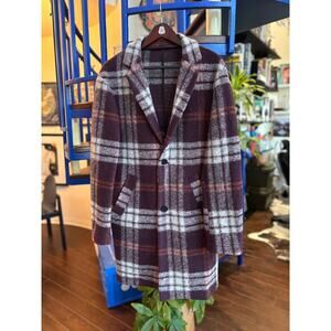 David Naman Purple Plaid Wool Blend Overcoat Size 50 (Made in Italy)